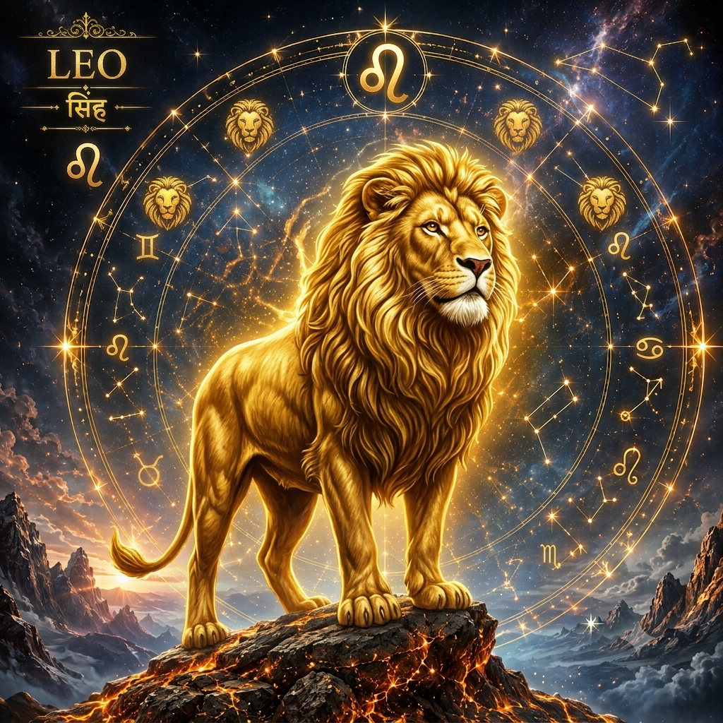 ♌ सिंह वार्षिक राशिफल: करियर, धन, प्रेम, स्वास्थ्य और संपूर्ण भविष्यफल सिंह राशि का प्रतीक चिन्ह, ज्योतिषीय राशिचक्र और दैनिक सिंह राशिफल दर्शाती हुई चित्रात्मक प्रस्तुति