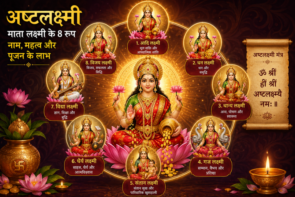 अष्टलक्ष्मी के 8 रूप – आदि लक्ष्मी, धन लक्ष्मी, धान्य लक्ष्मी, गज लक्ष्मी, संतान लक्ष्मी, धैर्य लक्ष्मी, विद्या लक्ष्मी और विजय लक्ष्मी