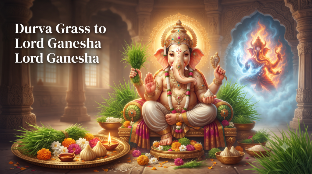 भगवान गणेश को दूर्वा क्यों चढ़ाई जाती है? जानिए अनलासुर की रोचक पौराणिक कथा और 21 दूर्वा का महत्व भगवान गणेश को दूर्वा अर्पित करते हुए