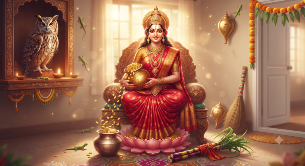 "लाल साड़ी और सोने के गहनों में सजी बैठी देवी लक्ष्मी, उनके दोनों हाथों से सोने के सिक्कों की वर्षा हो रही है। उनके आसपास उल्लू, झाड़ू, शंख और गन्ने जैसे शुभ प्रतीक मौजूद हैं।"
