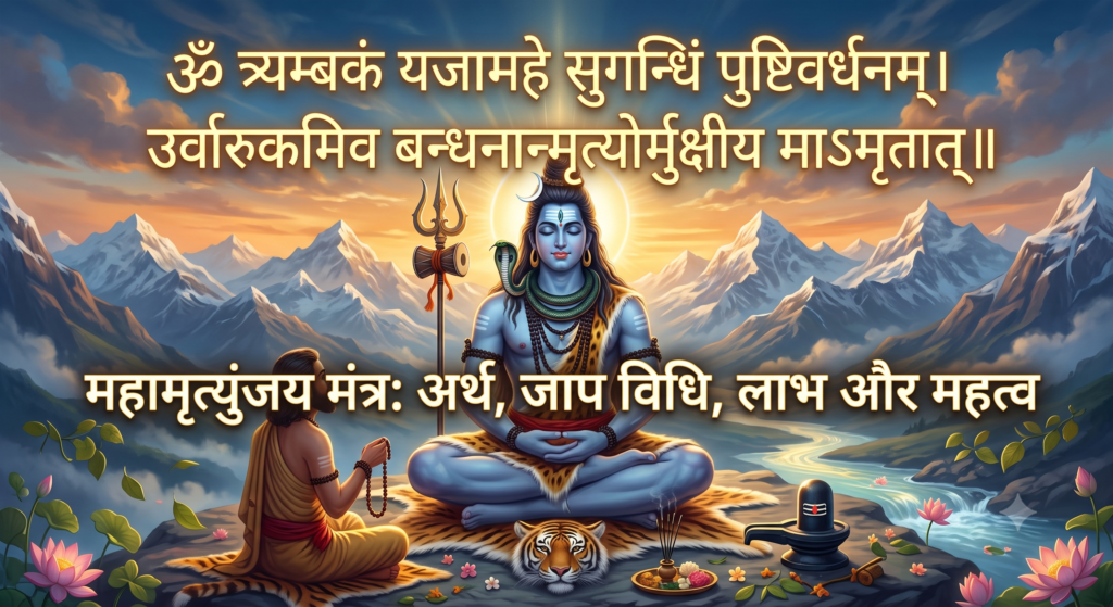 महामृत्युंजय मंत्र: अर्थ, जाप विधि, लाभ और महत्व हिमालय में ध्यानमग्न भगवान शिव, शिवलिंग और महामृत्युंजय मंत्र का जाप करता हुआ शिव भक्त।