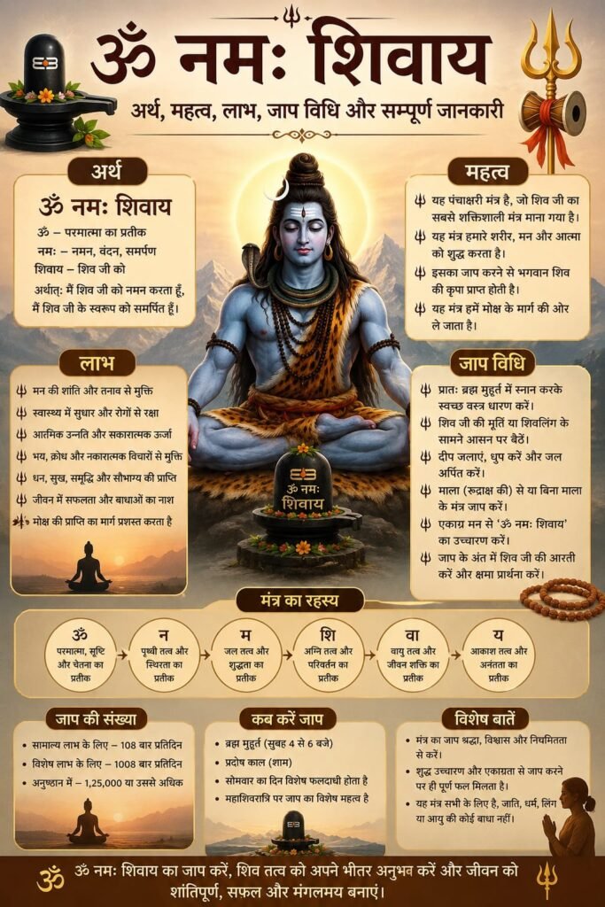 ॐ नमः शिवाय मंत्र: अर्थ, महत्व, लाभ, जाप विधि और सम्पूर्ण जानकारी ॐ नमः शिवाय मंत्र का जाप करते भगवान शिव की दिव्य HD छवि