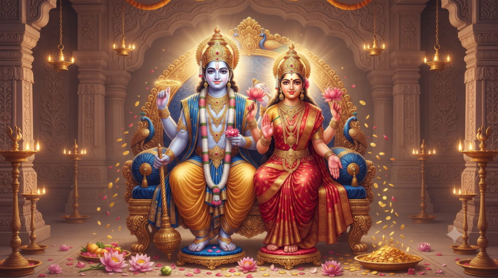 भगवान विष्णु और माता लक्ष्मी की पूजा करते हुए दिव्य स्वरूप
