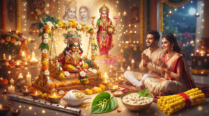 जन्माष्टमी पूजा: लड्डू गोपाल, मां लक्ष्मी और युगल राधा-कृष्ण की पूजा करते पति-पत्नी। साथ में बांसुरी, शंख, खीर और कौड़ी के उपाय।