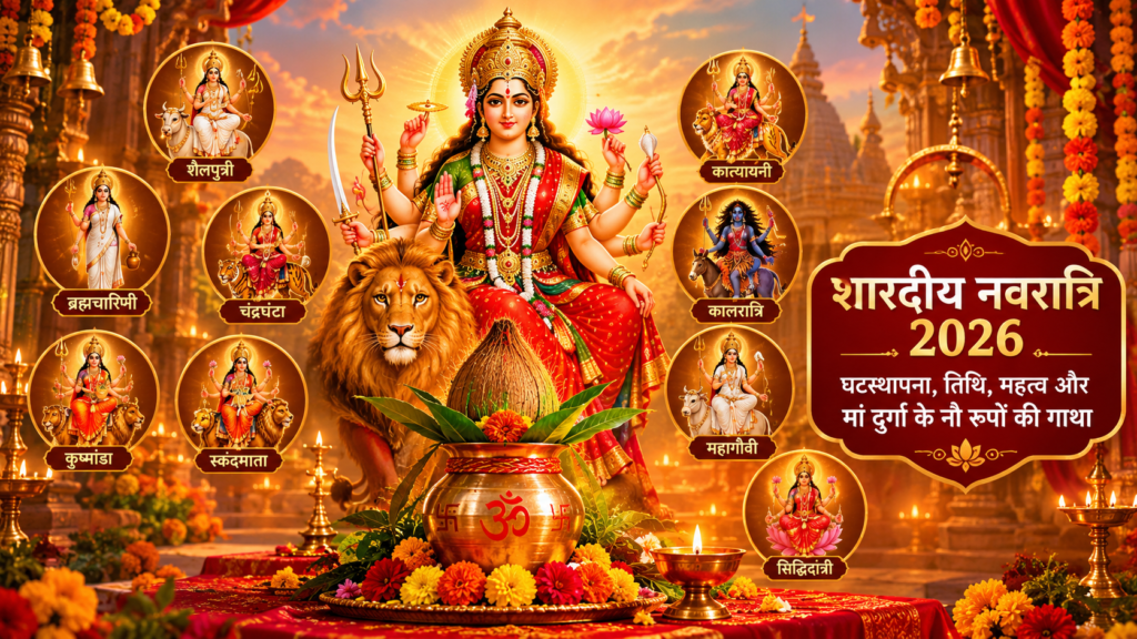 शारदीय नवरात्रि 2026: घटस्थापना, तिथि, महत्व और मां दुर्गा के नौ रूपों की गाथा शारदीय नवरात्रि 2026 में मां दुर्गा और नवदुर्गा के नौ रूपों के साथ घटस्थापना का दृश्य