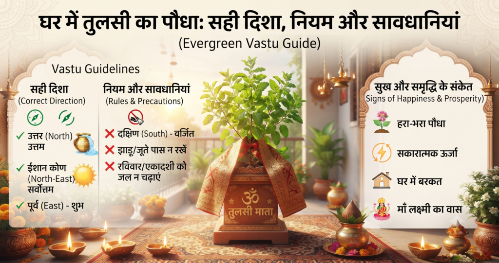 घर में तुलसी का पौधा: सही दिशा, नियम, सावधानियां और इसके सूखने के संकेत घर में तुलसी का पौधा रखने की सही दिशा और वास्तु नियम