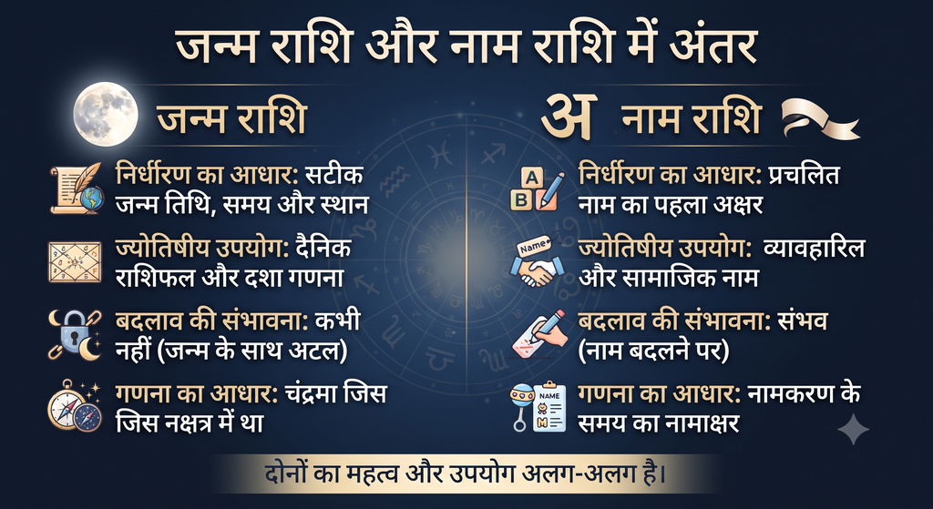 जन्म राशि और नाम राशि में क्या अंतर है? कौन सी राशि अधिक महत्वपूर्ण है? janam rashi naam rashi comparison infographic