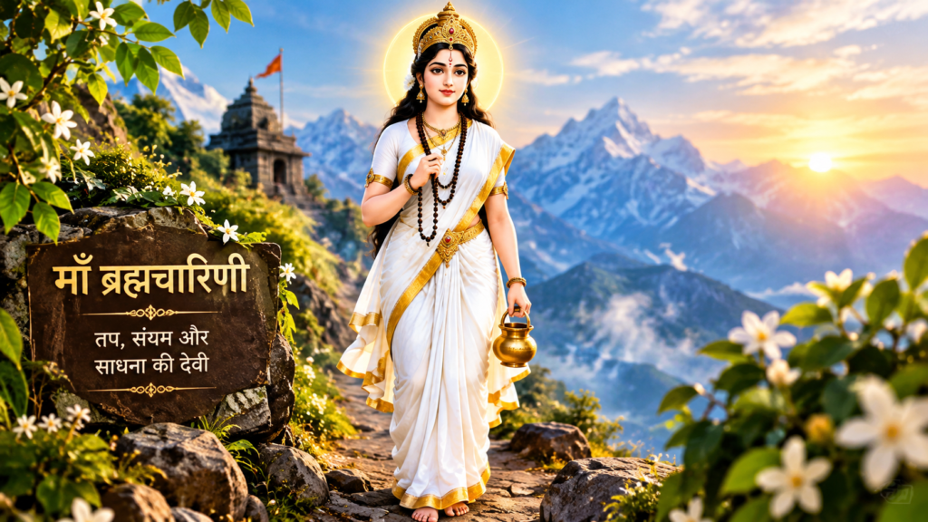 द्वितीय नवरात्रि पर जानिए माँ ब्रह्मचारिणी की महिमा, कथा और साधना का पूर्ण विधान माँ ब्रह्मचारिणी की सफेद वस्त्रों में दिव्य छवि