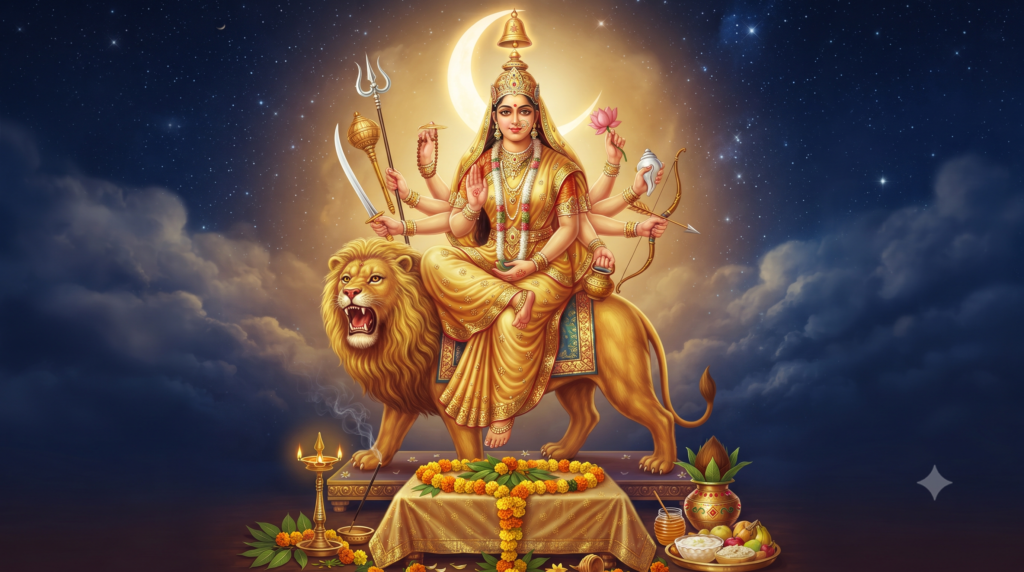 तृतीय नवरात्रि पर जानिए माँ चंद्रघंटा की महिमा, कथा और साधना का पूर्ण विधान माँ चंद्रघंटा का दिव्य स्वरूप - शेर पर सवार, दस हाथों में अस्त्र-शस्त्र और मस्तक पर अर्धचंद्र।