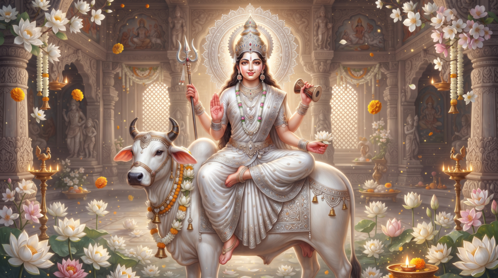 माँ महागौरी पूजा विधि, मंत्र, कथा और महत्व माँ महागौरी का दिव्य स्वरूप, सफेद वस्त्रों में वृषभ पर विराजमान देवी