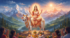 Maa Shailputri roop riding a bull with Trishulu and lotus flower in Himalayan background for Navdurga first day puja