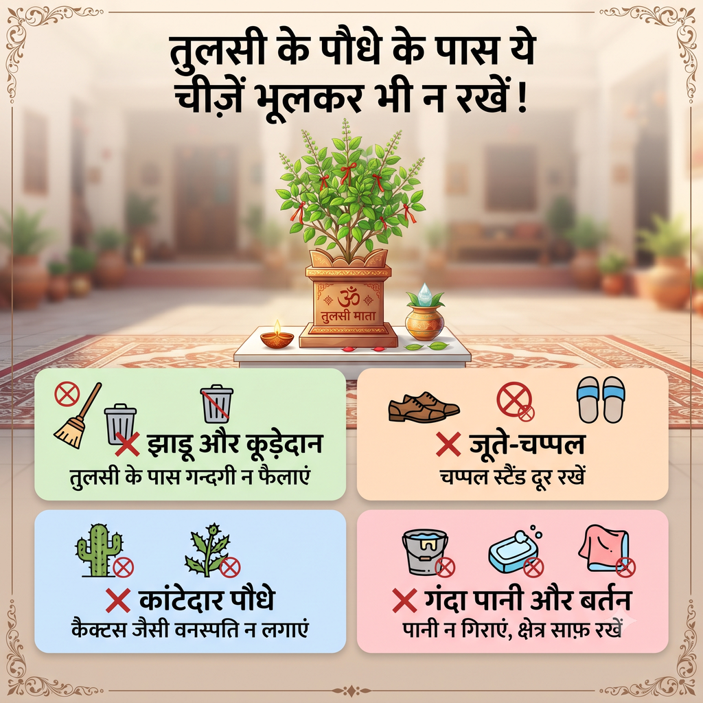 घर में तुलसी का पौधा: सही दिशा, नियम, सावधानियां और इसके सूखने के संकेत tulsi ke paudhe ke paas kya na rakhein vastu.jpg